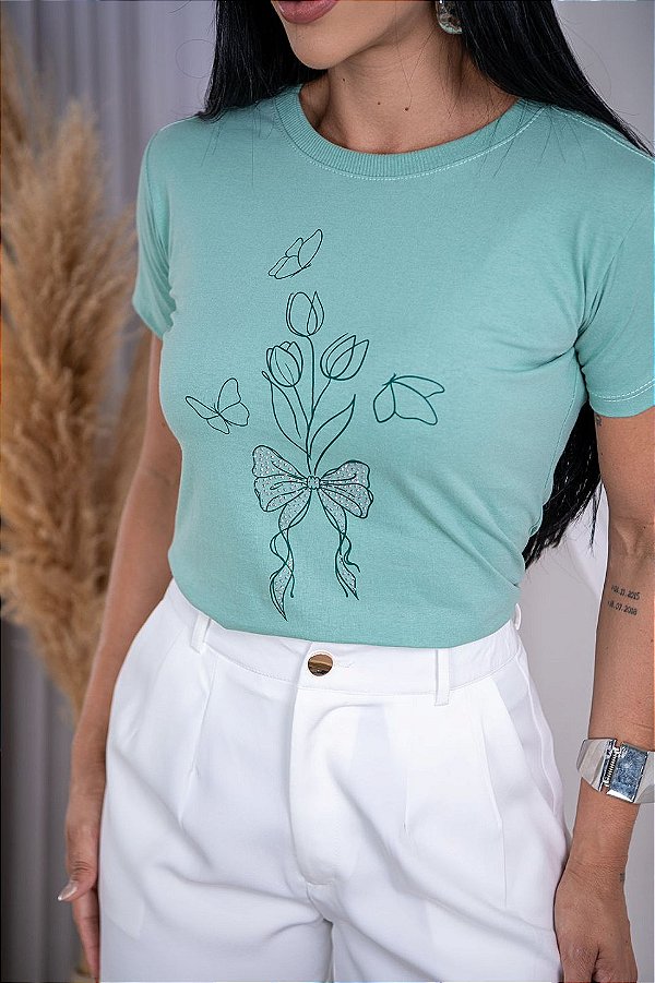 TSHIRT FEMININA ALGODÃO RAMOS COM LAÇO STRASS / VERDE AGUA BEBE
