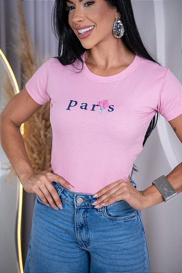 TSHIRT FEMININA ALGODÃO PARIS APLICAÇÃO FLORZINHA / ROSA BEBE