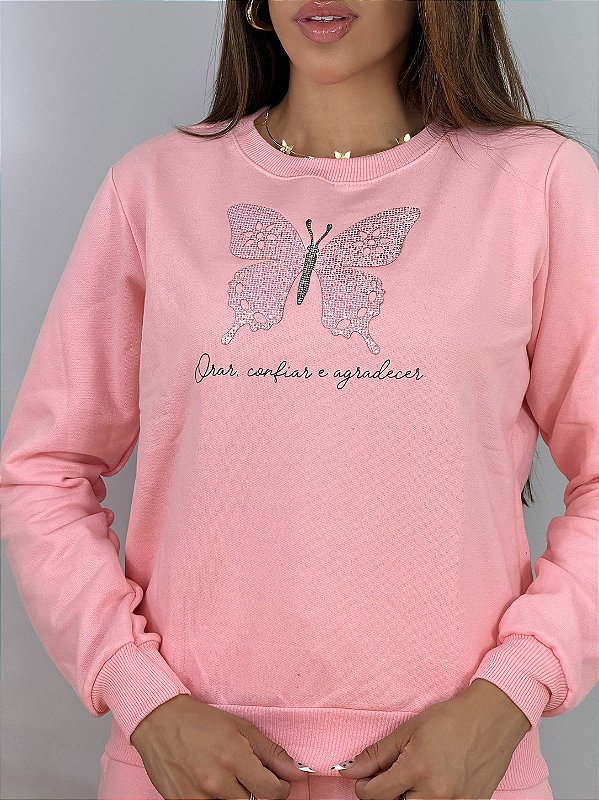 CONJUNTO MOLETOM COMFORT BORBOLETA APLICAÇÃO / ROSA BEBE