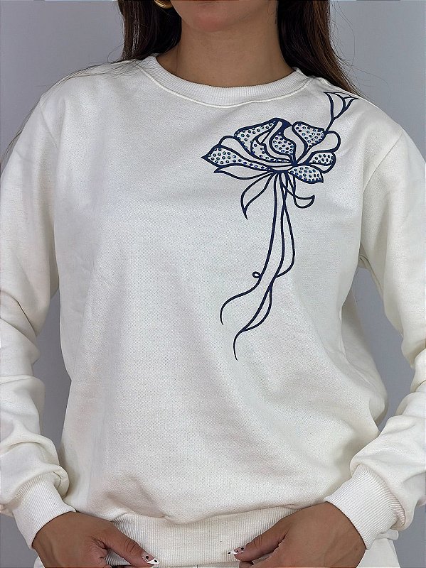 CONJUNTO MOLETOM COMFORT FLOR LATERAL AZUL STRASS / OFFWHITE