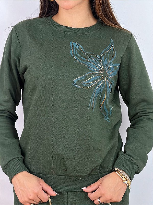CONJUNTO MOLETOM COMFORT FLOR LATERAL / VERDE MILITAR