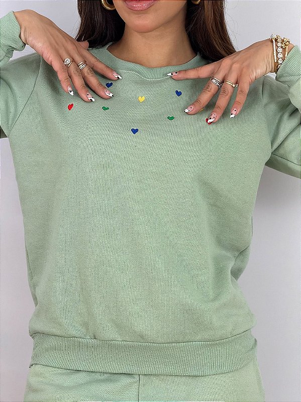 CONJUNTO MOLETOM COMFORT BORDADO CORAÇÕES / VERDE MENTA