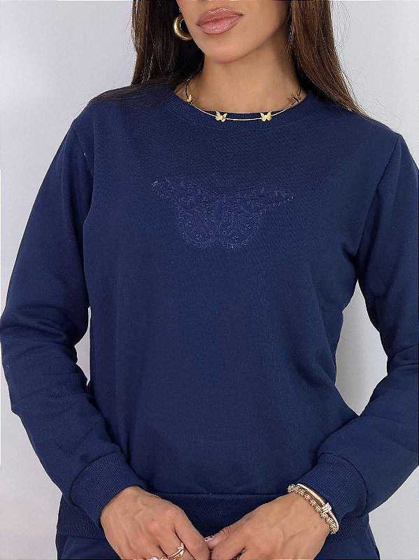 CONJUNTO MOLETOM COMFORT BORDADA BORBOLETA / AZUL MARINHO