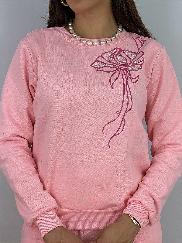 CONJUNTO MOLETOM COMFORT FLOR LATERAL / ROSA BEBE