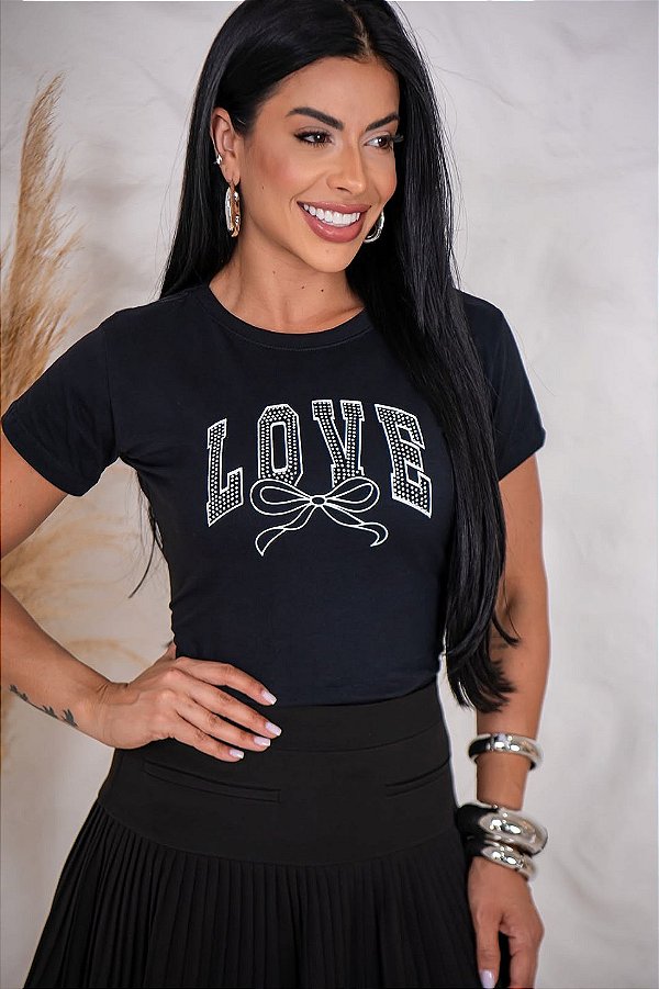TSHIRT FEMININA ALGODÃO LOVE STRASS / PRETA