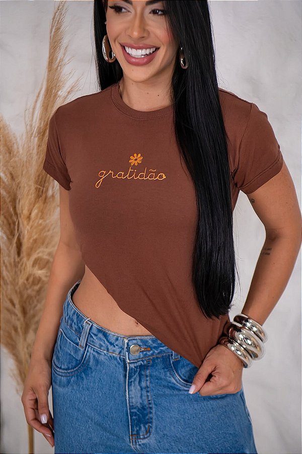 TSHIRT FEMININA ALGODÃO GRATIDÃO / MARROM