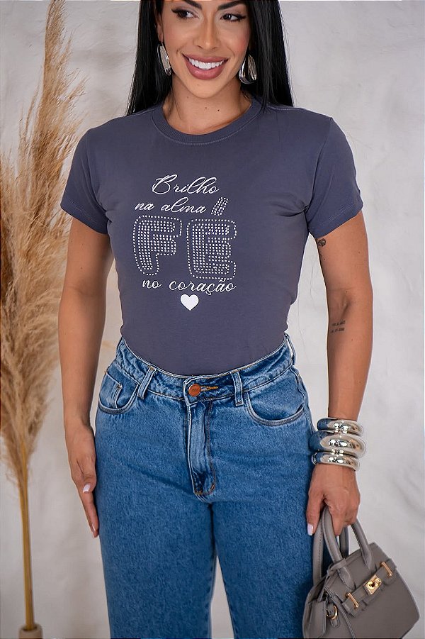 TSHIRT FEMININA ALGODÃO FÉ STRASS / CINZA CHUMBO
