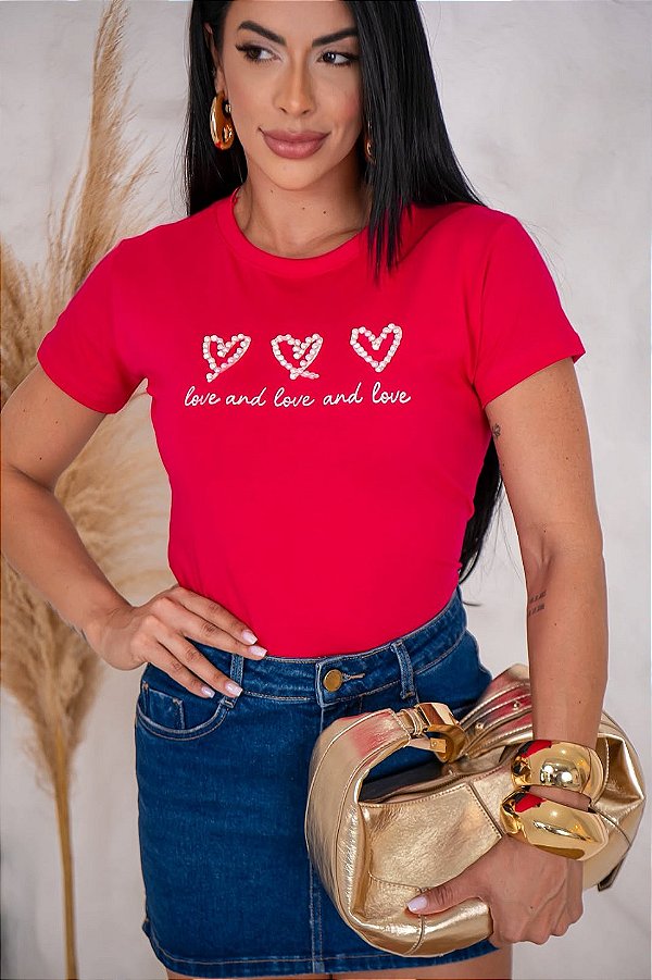 TSHIRT FEMININA ALGODÃO CORAÇÃO PEROLAS / PINK
