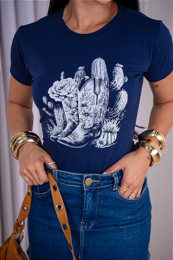 TSHIRT FEMININA ALGODÃO COUNTRY BOTAS TEXANAS / AZUL MARINHO