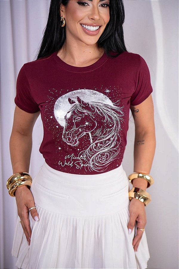 TSHIRT FEMININA ALGODÃO COUNTRY CAVALO LUA / MARSALA