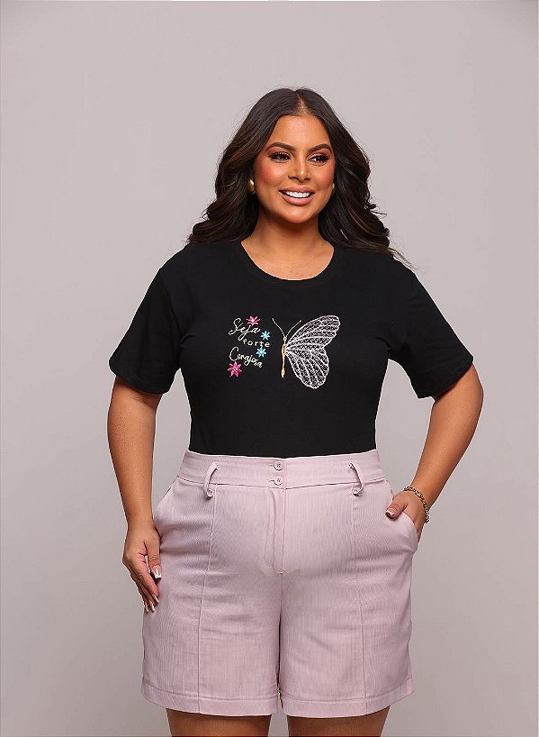 TSHIRT PLUS SIZE FEMININA BORDADA SEJA FORTE E CORAJOSA / PRETA