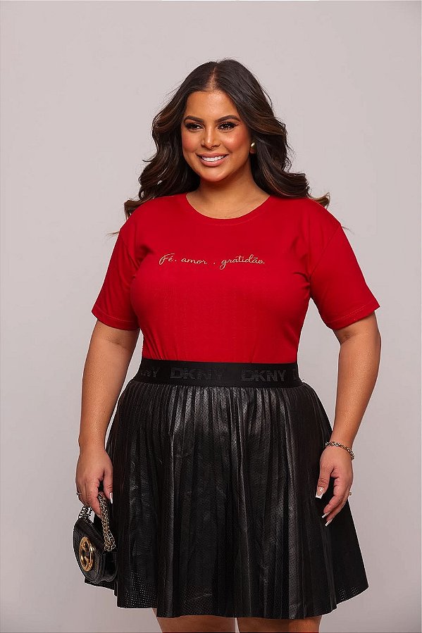 TSHIRT PLUS SIZE FEMININA AMOR, FE , GRATIDÃO / VERMELHA