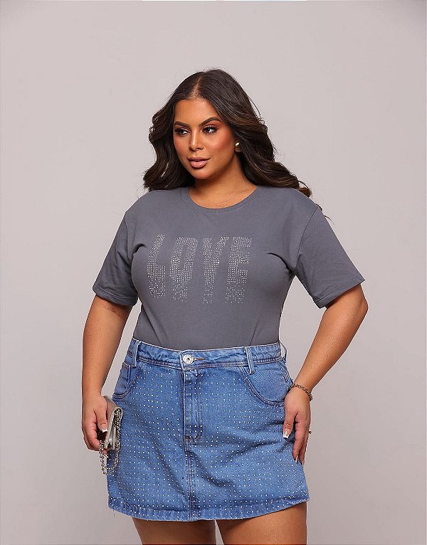 TSHIRT PLUS SIZE FEMININA LOVE / CINZA CHUMBO