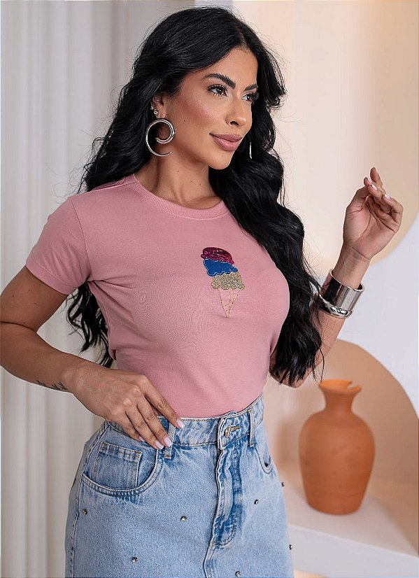 TSHIRT FEMININA ALGODÃO APLICAÇÃO SORVETE / ROSA SECO
