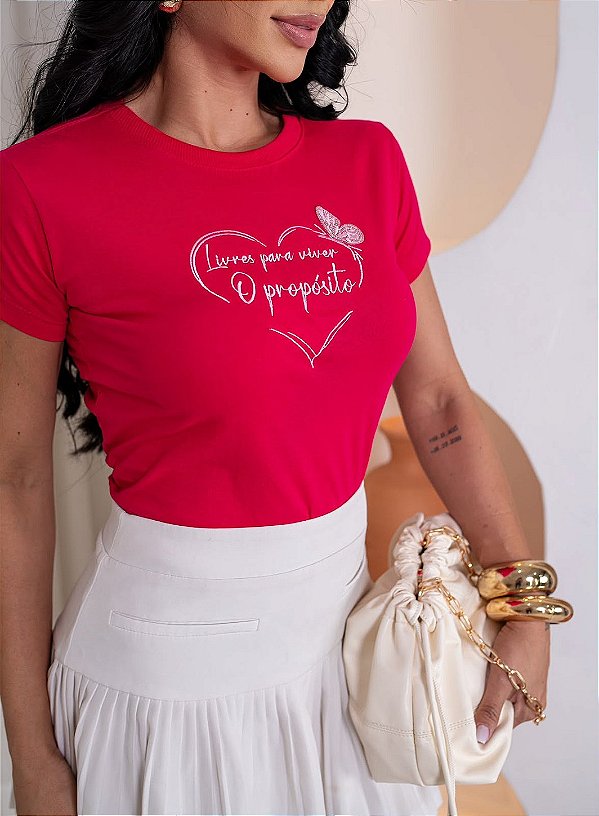 TSHIRT FEMININA ALGODÃO BORDADA LIVRE PRA VIVER O PROPOSITO / PINK