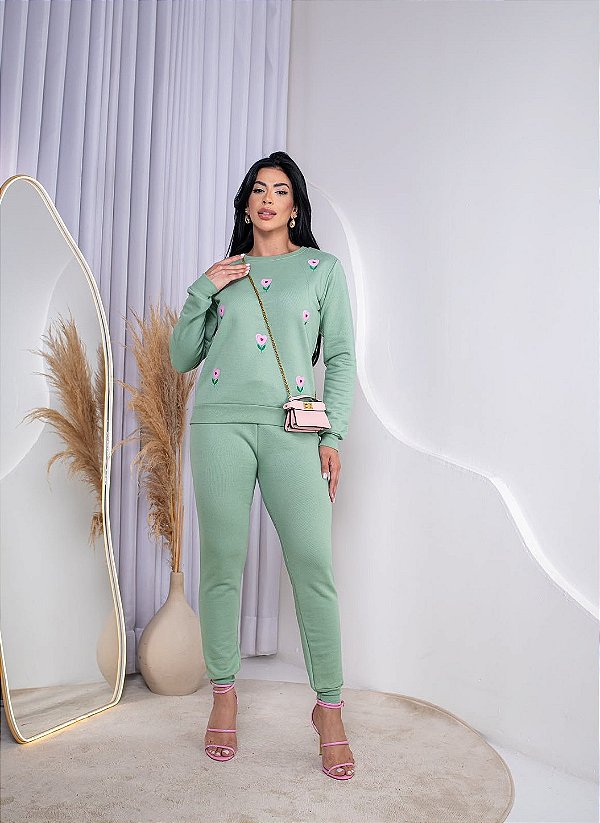 CONJUNTO MOLETOM COMFORT FLORZINHAS / VERDE MENTA