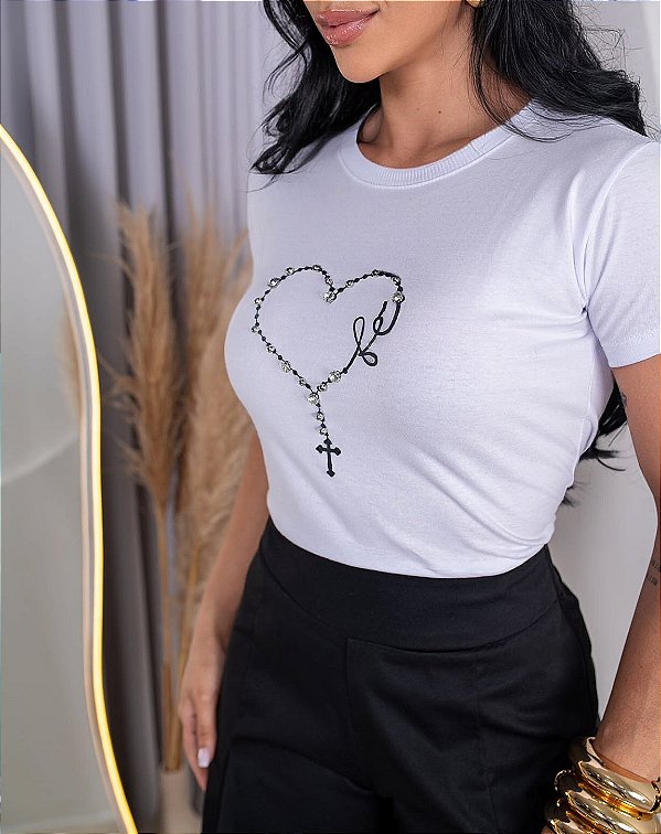 TSHIRT FEMININA ALGODÃO FÉ PONTOS DE LUZ / BRANCA
