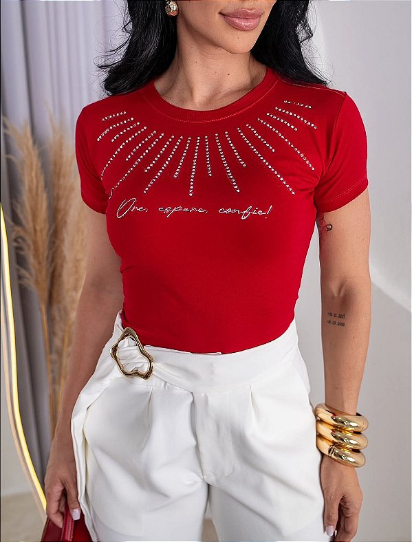 TSHIRT FEMININA ALGODÃO ORE, ESPERE, CONFIE / VERMELHA