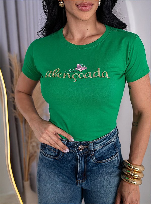 TSHIRT FEMININA ALGODÃO ABENÇOADA PEROLAS / VERDE BANDEIRA