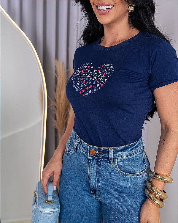 TSHIRT FEMININA ALGODÃO CORAÇÃO CORAJOSA / AZUL MARINHO