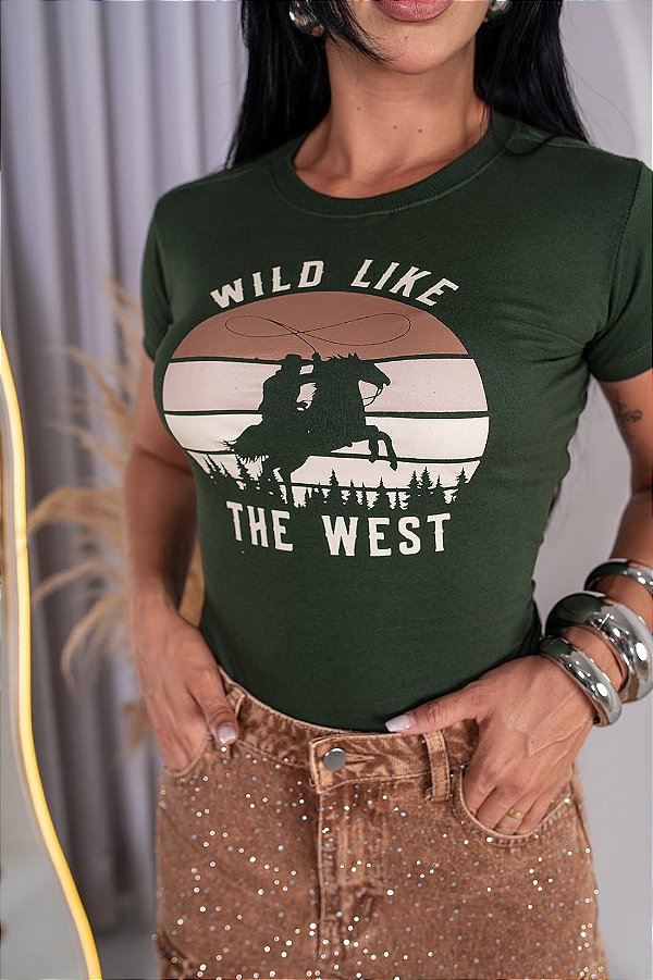 TSHIRT FEMININA ALGODÃO COUNTRY WILD LIKE / VERDE MILITAR