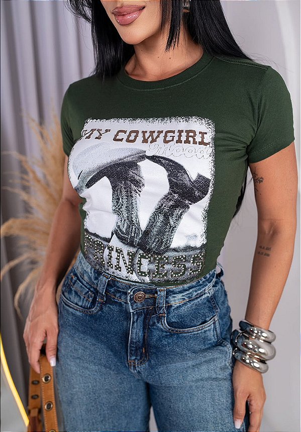 TSHIRT FEMININA ALGODÃO COUNTRY MY COWGIRL / VERDE MILITAR