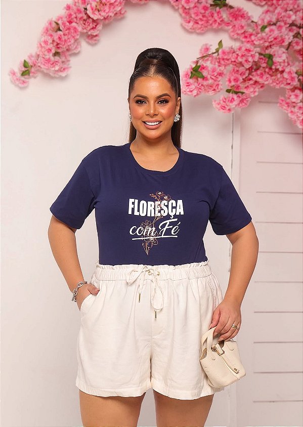 TSHIRT PLUS SIZE FEMININA FLORESCA COM FÉ / MARINHO