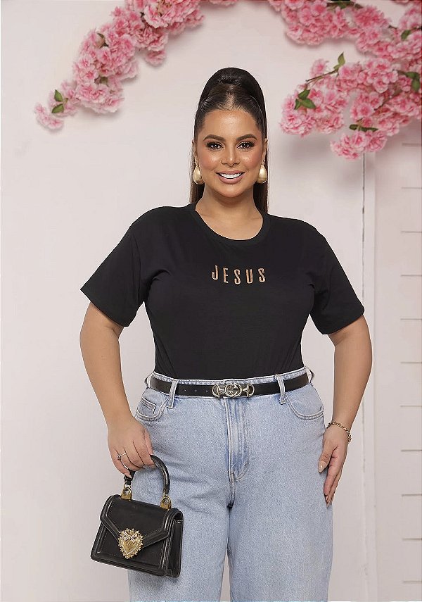 TSHIRT PLUS SIZE FEMININA JESUS ALTO RELEVO / PRETO