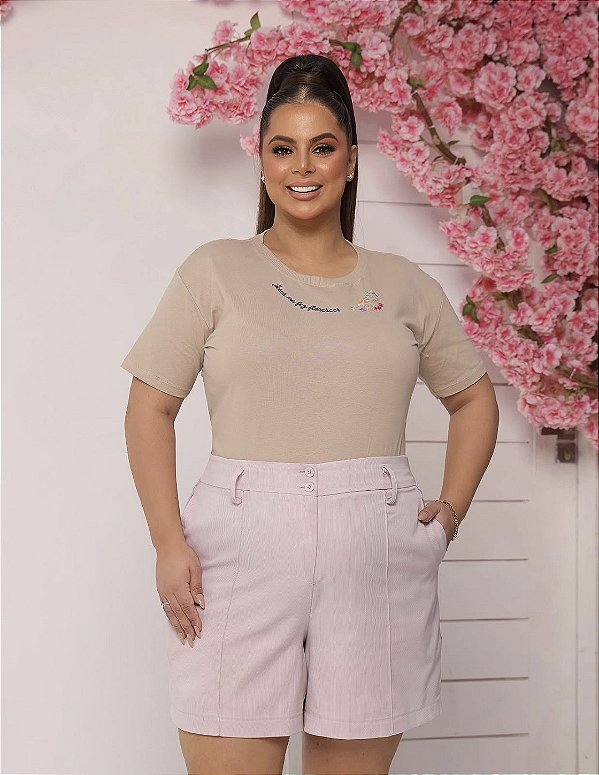 TSHIRT PLUS SIZE FEMININA BORDADO JESUS ME FEZ FLORESCER / NUDE