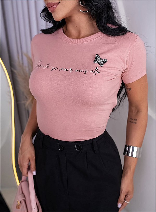 TSHIRT FEMININA ALGODÃO PERMITA - SE VOAR MAIS ALTO / ROSA SECO