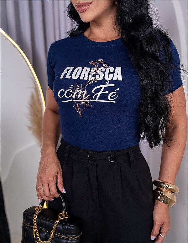 TSHIRT FEMININA ALGODÃO FLORESCA COM FÉ / AZUL MARINHO
