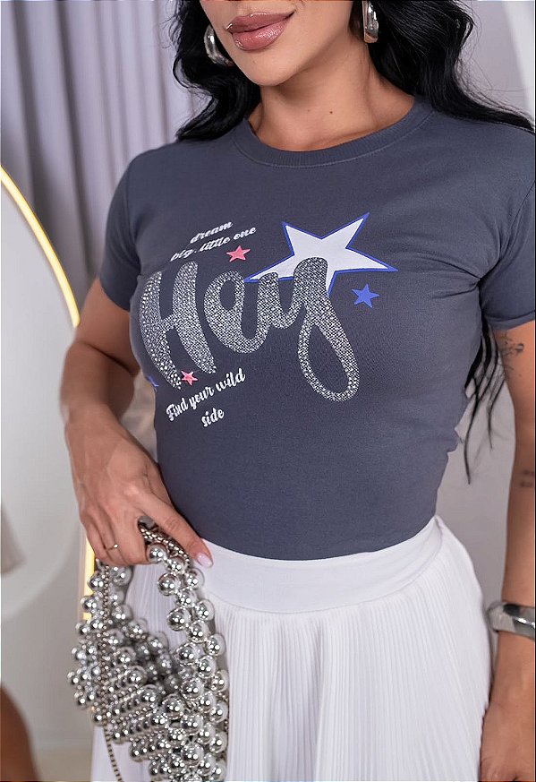 TSHIRT FEMININA ALGODÃO HEY STRASS / CINZA CHUMBO