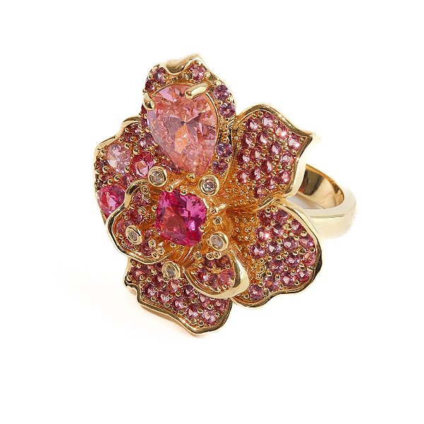 Anel Cravejado Flor Pink Ouro