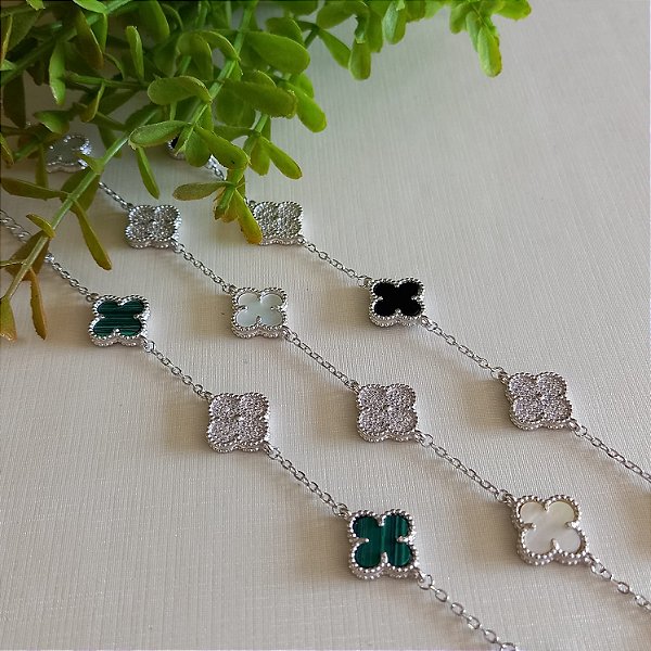 Pulseira Trevo Prata 925 com Pedra Natural Madrepérola