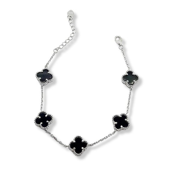 Pulseira Trevo Prata 925 com Pedra Natural Onix
