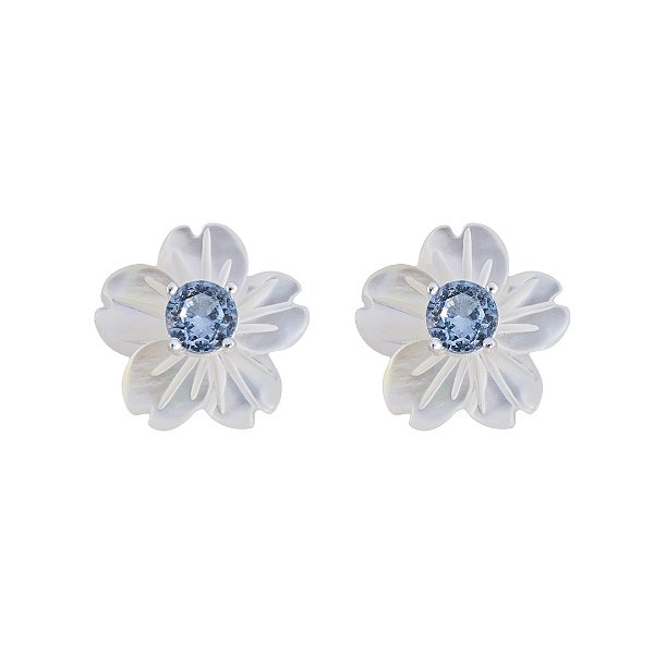 Brinco Flor Madrepérola Safira Prata 925