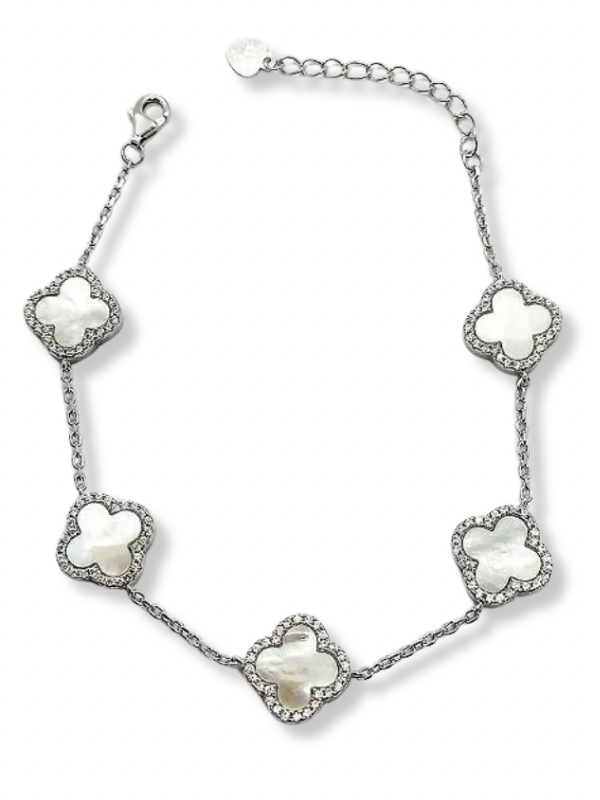 Pulseira Trevo Madrepérola Cravejada Prata 925