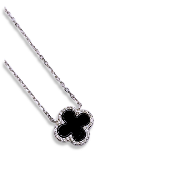 Colar Trevo Cravejado Onix Prata 925