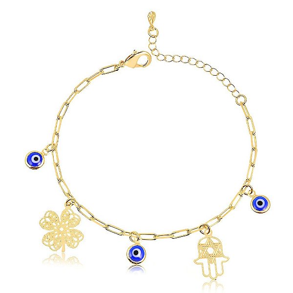 Pulseira com amuletos de sorte e proteção folheada em ouro 18k