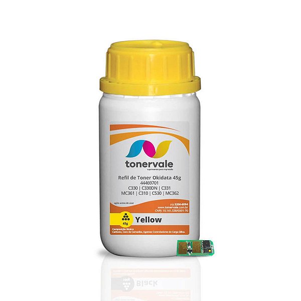 Combo 5 Refil de Toner Okidata + Chip 44469701 - C330 C330DN C331 MC361 C310 C530 MC362 MC561 Yellow de 45g