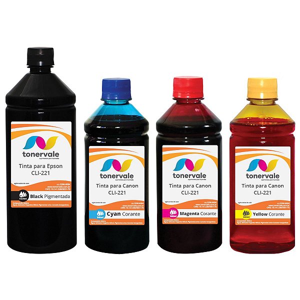 Kit 4 Tinta para Canon CLI221 CMYK - Impressoras Canon MP560 MP620 MP640 MP980 MP990 de 1L Black e 500ml Coloridos