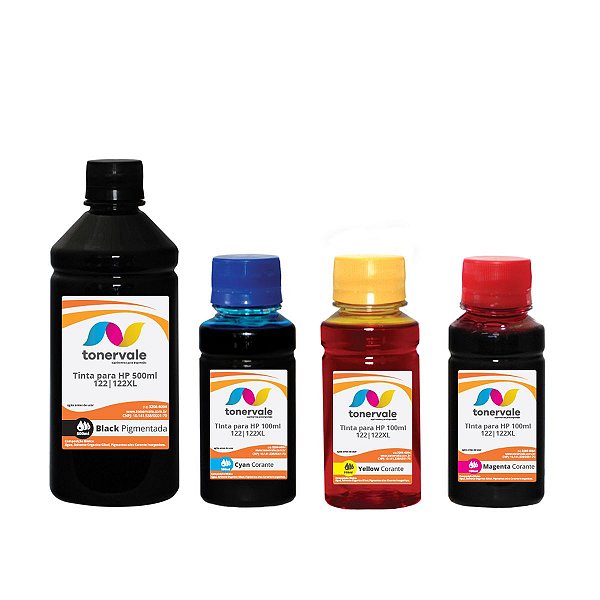 Kit 4 Tinta para Cartucho HP 122 - HP 1510 2540 3510 4639 1000 j110a 2548 de 500ml Black e 100ml Color