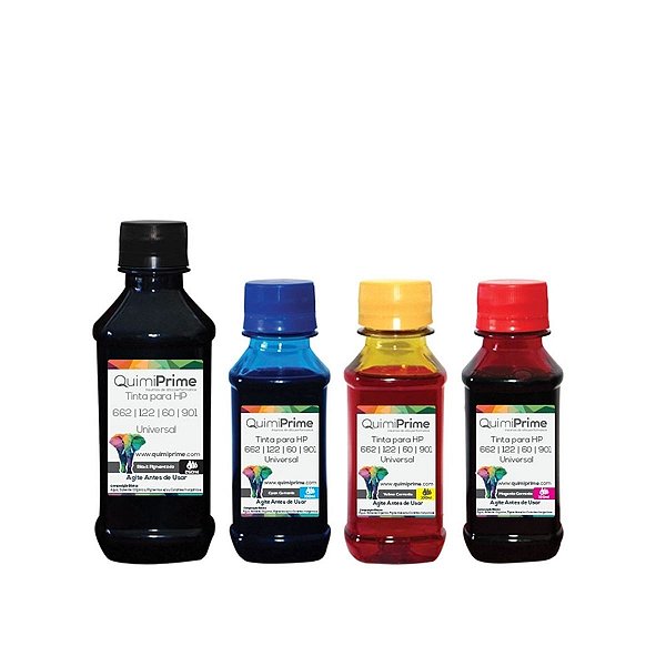 Kit 4 Tinta para Recarga HP 662 122 60 901 Impressora 3050 2050 2546 de 250ml Black e 100ml Color QuimiPrime