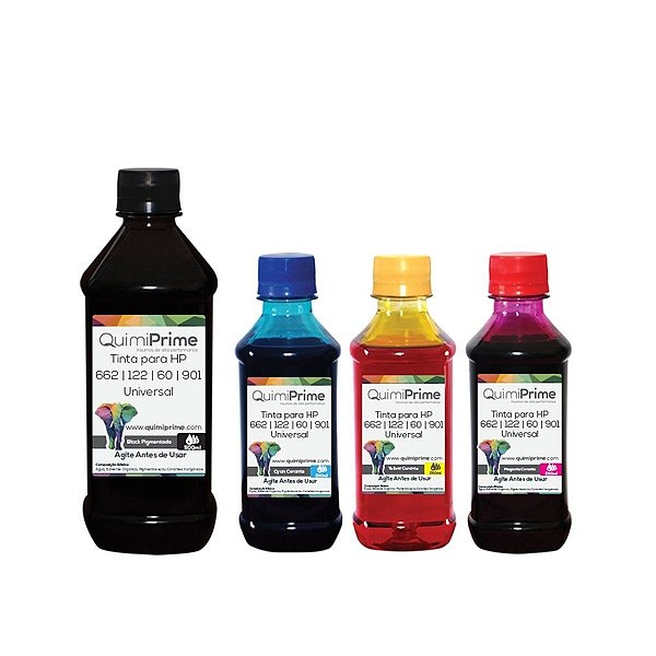 Kit 4 Tinta para Recarga HP 662 122 60 901 Impressora 3050 2050 2546 de 500ml Black e 250ml Color QuimiPrime