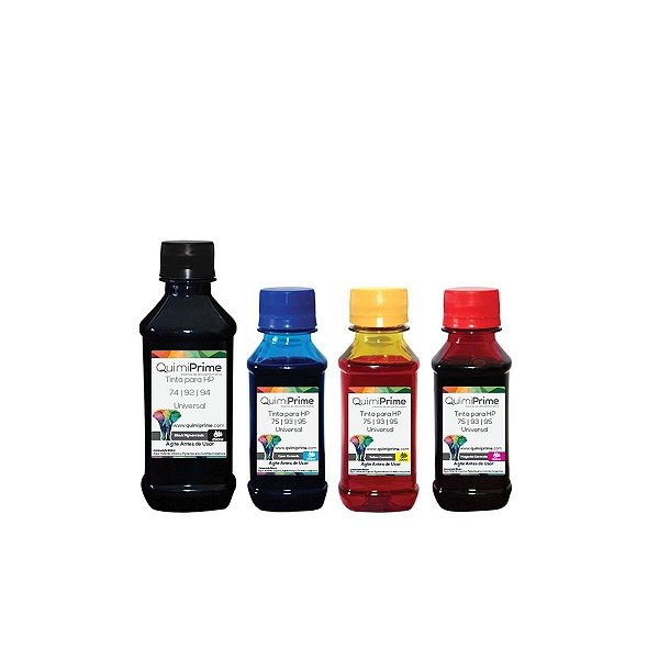 Kit 4 Tinta para Recarga HP 74 92 94 Impressora C4480 C3180 C4280 1510 de 250ml Black e 100ml Color QuimiPrime