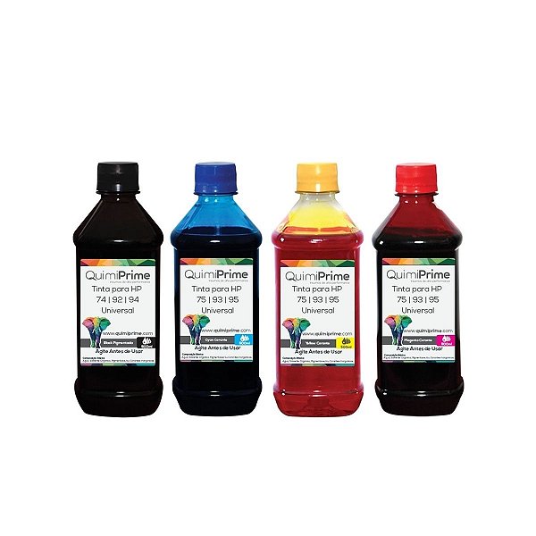 Kit 4 Tinta para Recarga HP 74 92 94 Impressora C4480 C3180 C4280 1510 de 500ml QuimiPrime