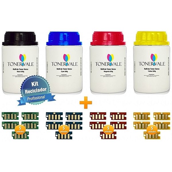 Kit 4 Toner Refil + 20 Chip Toner Xerox Phaser 6000 WC 6015 6010 - 106R01634 633 632 631 CMYK 500g
