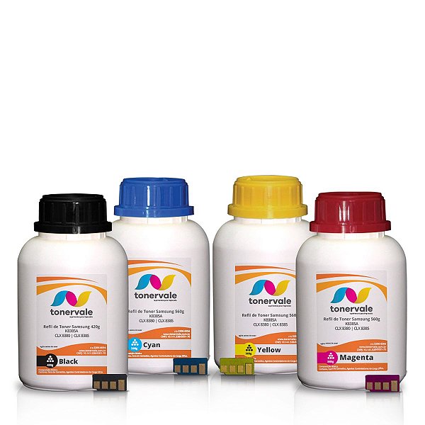 Kit 4 Toner Refil + 4 chip Samsung CLX-8385 CLX-8380 - K8385A CMYK Dose Única