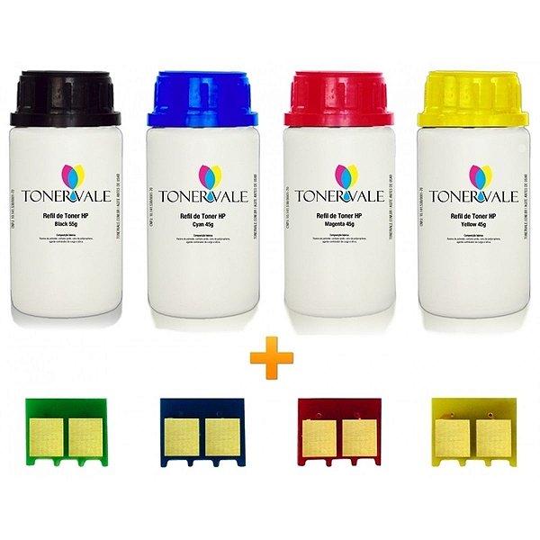 Kit 4 Toner Refil + 4 Chip Toner HP CB540A 541 542 543 CMYK - HP CP1215, CM1312 CP1515, CP1510, CP1518 Dose Única