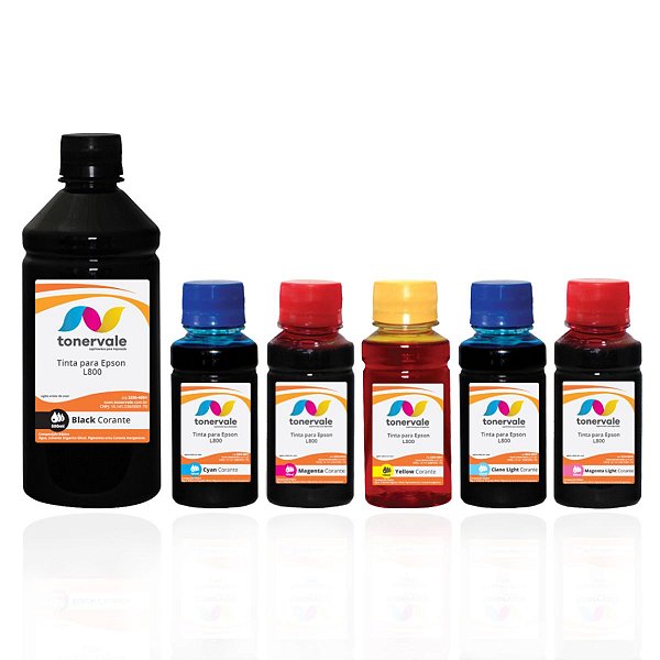 Kit 6 Garrafa de Tinta para Epson L800 de 500ml Black e 100ml Color